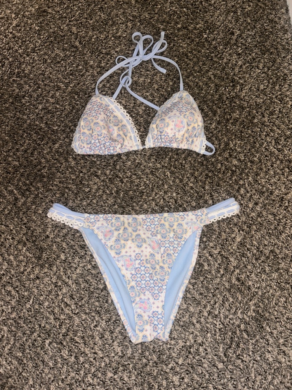 Hollister Light Blue Floral Crochet Bikini Set